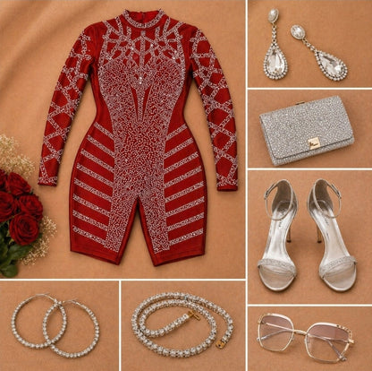 Red Rhinestone Sheer Bodycon Jumpsuit | Luxe Long Sleeve Fitted Romper | Statement Glam Night Outfit