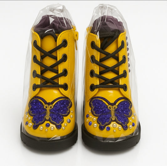 Yellow Sparkle Butterfly Boots – Toddler Size 10 | Glitter Accent Combat Boot