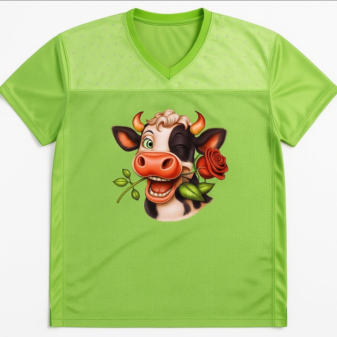 Custom Rhinestone Cow Jersey Top – Lime Green with Playful Cow Design