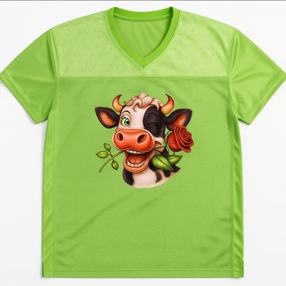 Custom Rhinestone Cow Jersey Top – Lime Green with Playful Cow Design