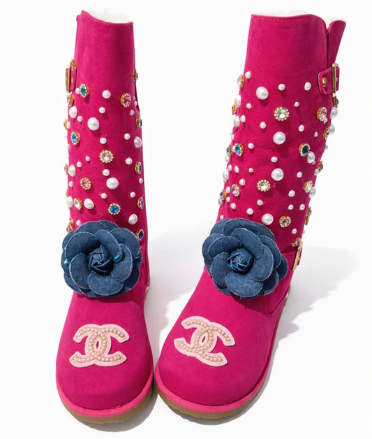 Pink Pearl & Jewel Embellished Floral Glam Boots – Custom Statement Boots