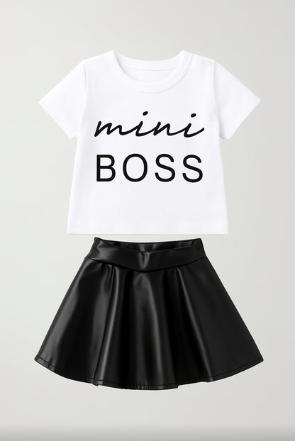 White t-shirt with 'mini BOSS' text and black leather skirt on a light gray background