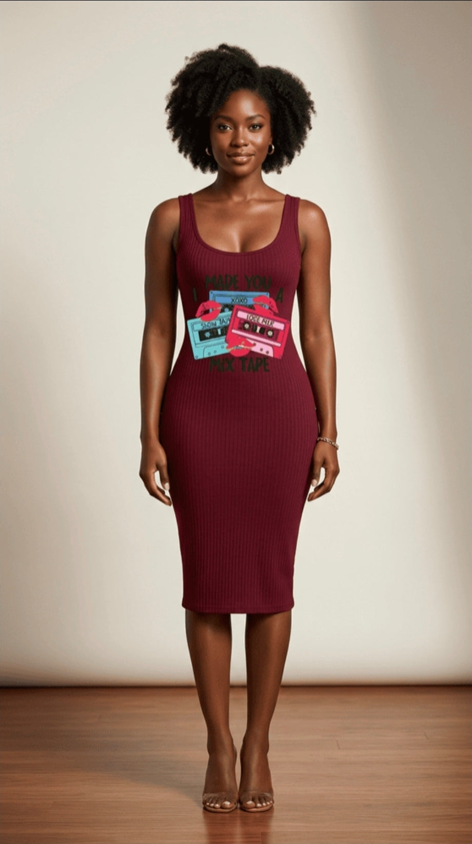 Burgundy Ribbed Bodycon Midi Dress | Graphic Tape Print Stretch Dress – Statement Street Style