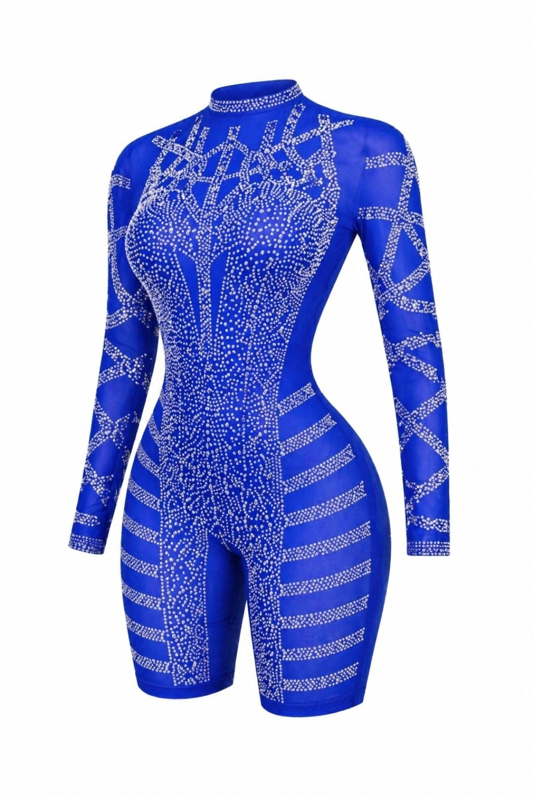 Royal Blue Rhinestone Sheer Bodycon Jumpsuit | Luxe Fitted Long Sleeve Romper | Glam Statement Outfit