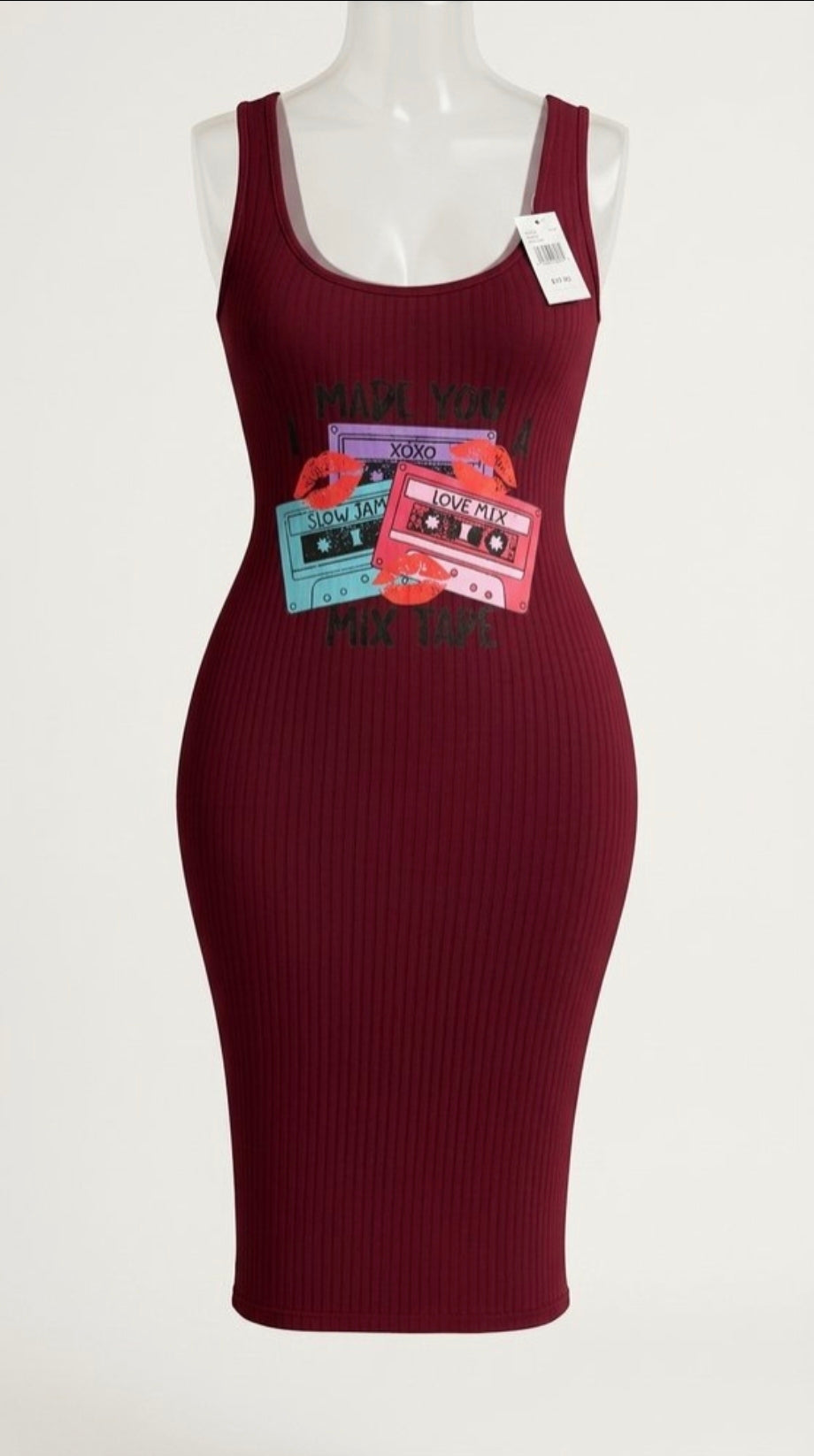 Burgundy Ribbed Bodycon Midi Dress | Graphic Tape Print Stretch Dress – Statement Street Style