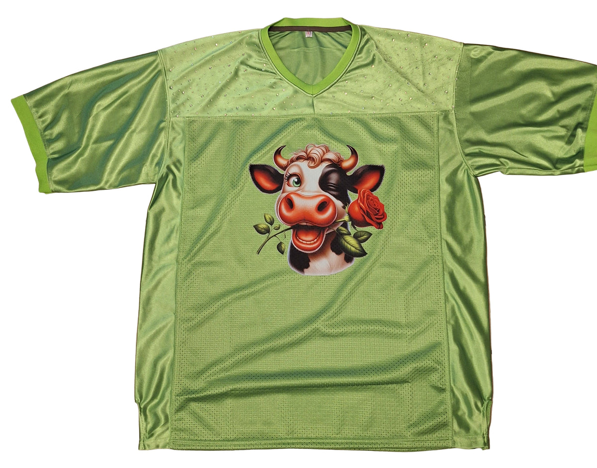 Custom Rhinestone Cow Jersey Top – Lime Green with Playful Cow Design