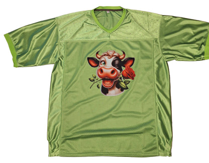Custom Rhinestone Cow Jersey Top – Lime Green with Playful Cow Design