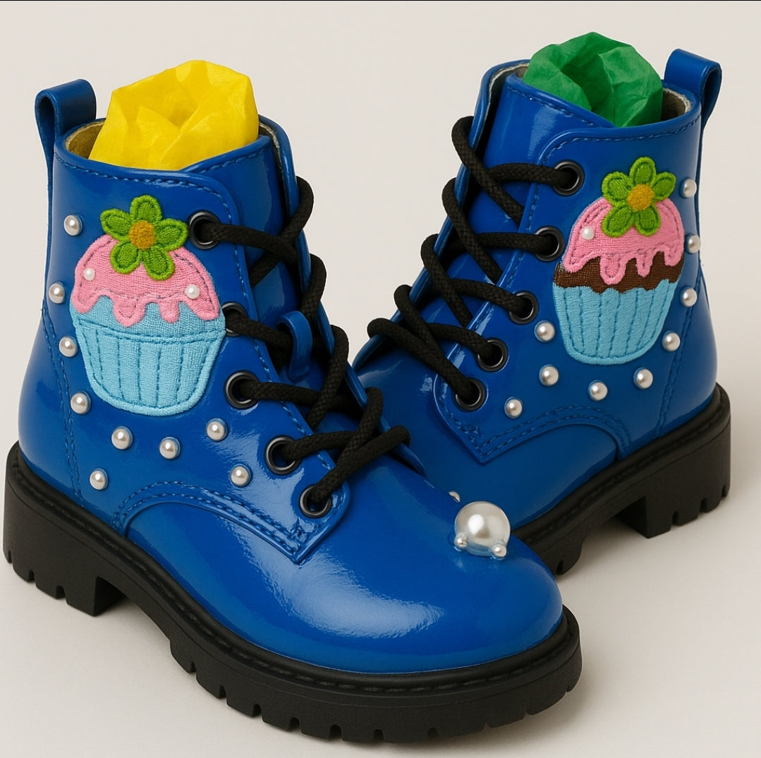 Cupcake Dreams Toddler Boots – Royal Blue Hand Bedazzled with Pearls & Embroidered Patch