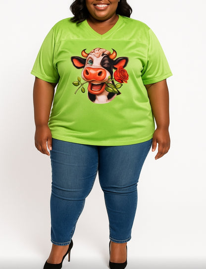 Custom Rhinestone Cow Jersey Top – Lime Green with Playful Cow Design