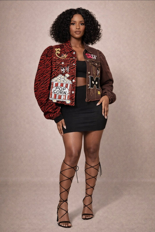 Custom “Popcorn & Self Love” Patchwork Denim Jacket