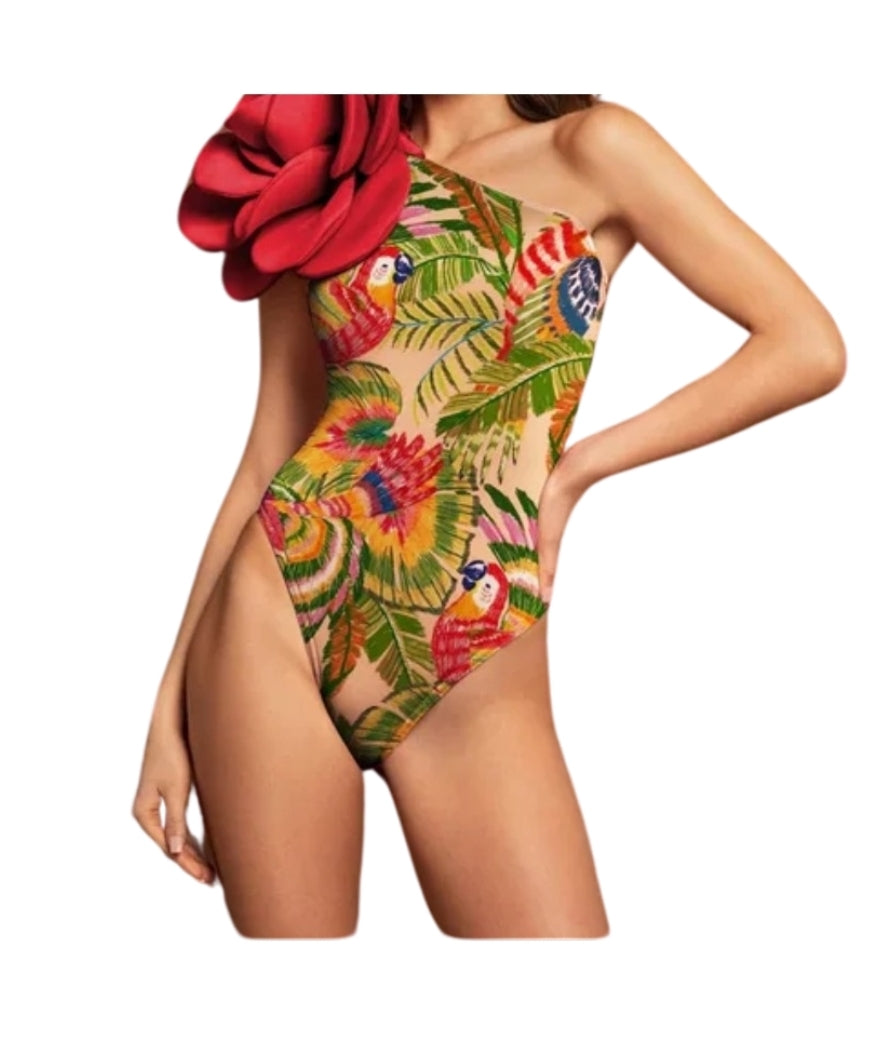 Tropical Paradise Two-Piece Set – Parrot Print Swimsuit & Red Sarong Wrap