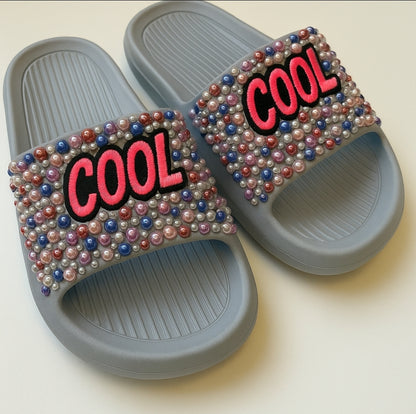 “COOL GIRL” Embellished Slides – Rhinestone Pearl Statement Sandals