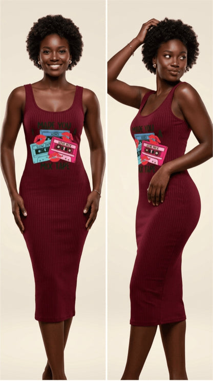 Burgundy Ribbed Bodycon Midi Dress | Graphic Tape Print Stretch Dress – Statement Street Style