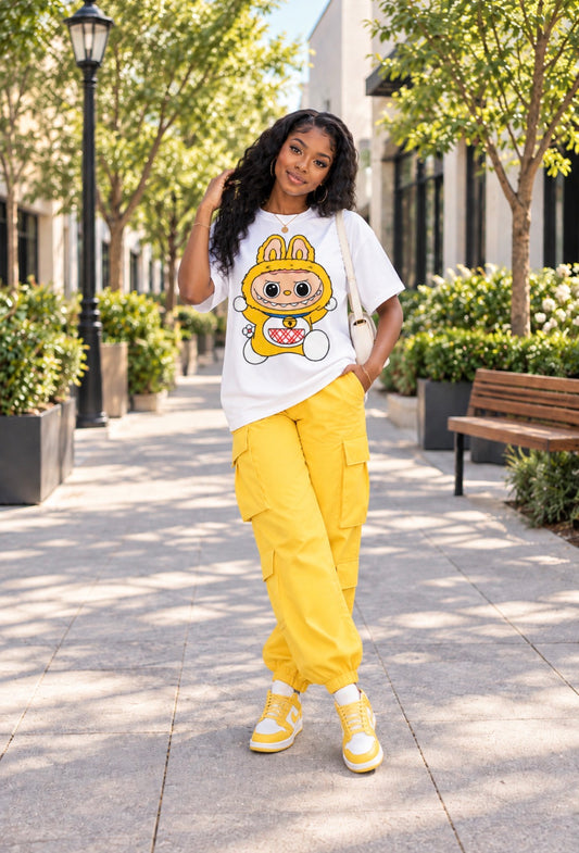 Model wearing a white graphic T-shirt with a yellow cartoon bunny design and yellow cargo pants