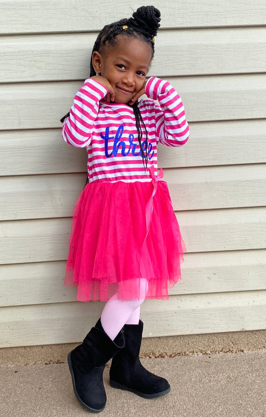 Pink “Three” Birthday Tutu Dress for Toddler Girls