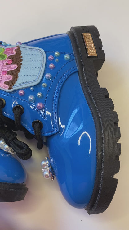 Cupcake Dreams Toddler Boots – Royal Blue Hand Bedazzled with Pearls & Embroidered Patch