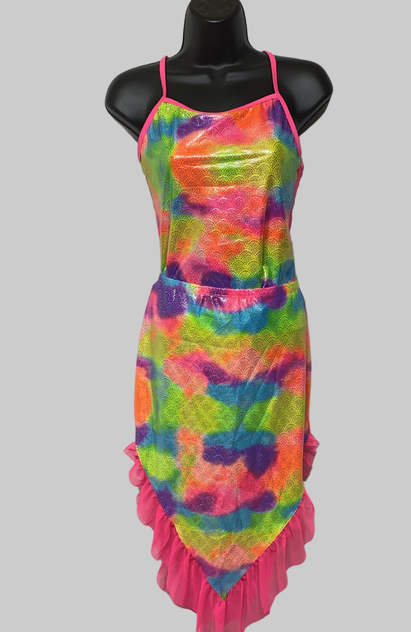 A colorful girls two-piece swimwear on a mannequin, featuring a sleeveless top with a pink trim and a patterned skirt.