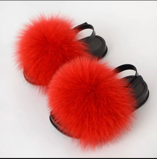 Kids Fluffy Fur Slide Sandals – Soft & Stylish Pom Slippers (Available in Black, Blue, & Red)