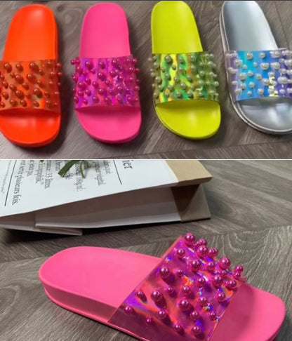 Pop Luxe Studded Slides – Pink Bold Color Statement Comfort Sandals