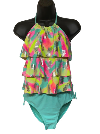 A multicolored two-piece swimsuit for girls, featuring a flare top with one-strap sleeves and matching bottoms, displayed on a mannequin.