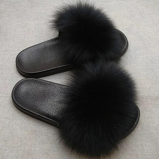 Furry faux fur slipper slides