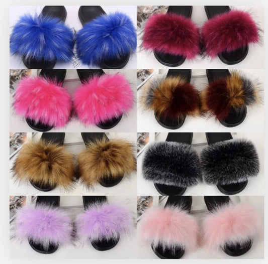 Furry faux fur slipper slides