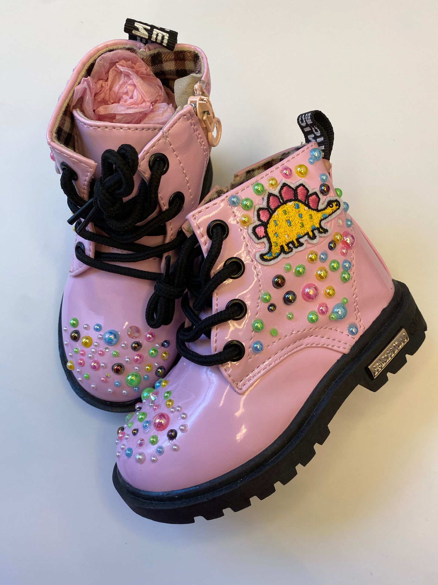 Hand-Bedazzled Pink Dino Toddler Boots 8