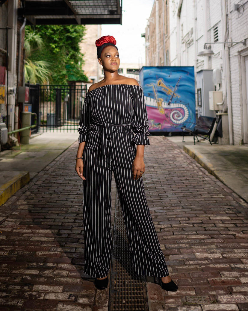 Kids Black & White Striped Off-Shoulder Jumpsuit – Twinslocedattwo