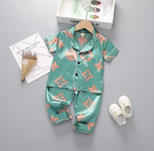 Luxe Kids Satin Pajama Set – Teal & Peach Designer-Inspired Sleepwear