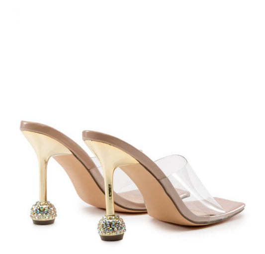 Crystal Globe Heel Clear Strap Mules – Beige Luxe Statement Heels