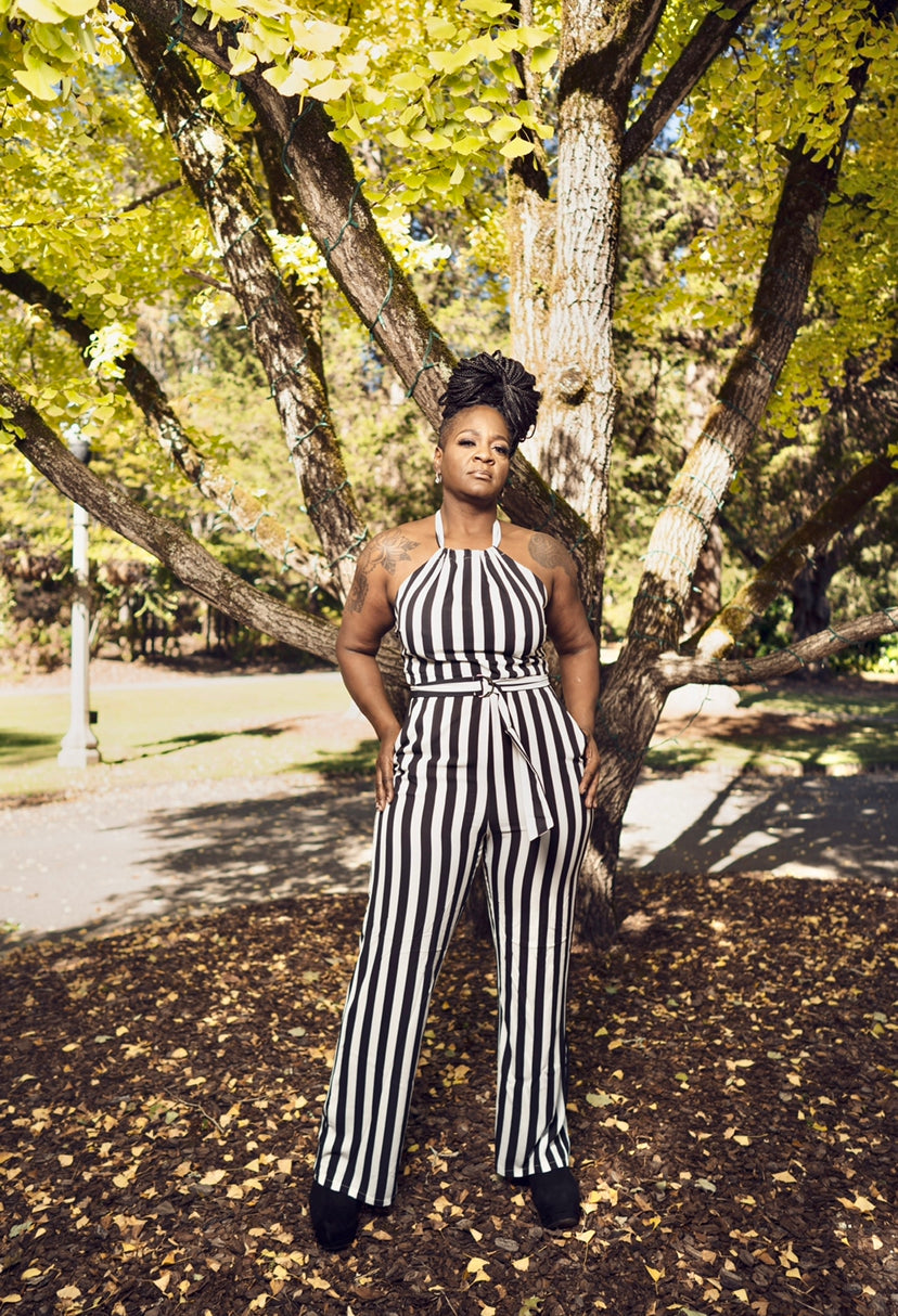 Monochrome Elegance Halter Jumpsuit – Bold Stripes, Timeless Style