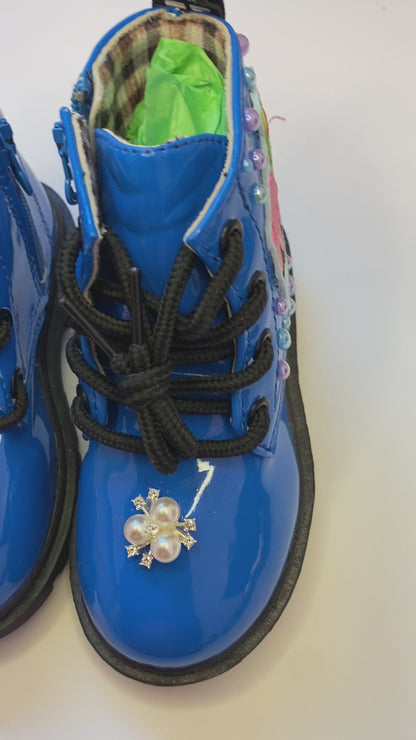 Cupcake Dreams Toddler Boots – Royal Blue Hand Bedazzled with Pearls & Embroidered Patch