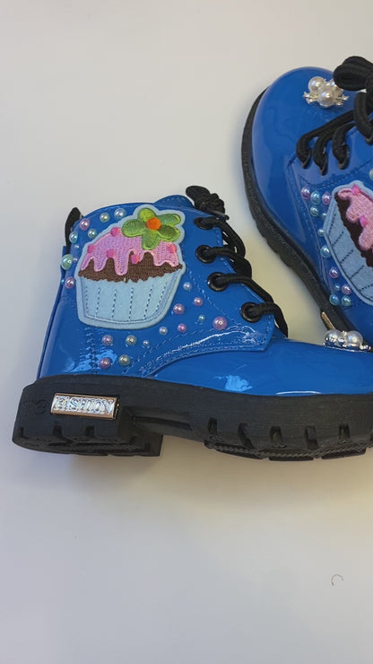 Cupcake Dreams Toddler Boots – Royal Blue Hand Bedazzled with Pearls & Embroidered Patch
