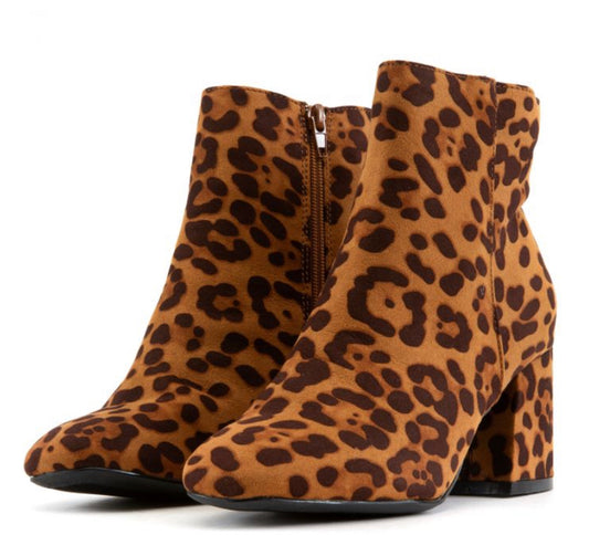 Leopard Print Block Heel Ankle Boots