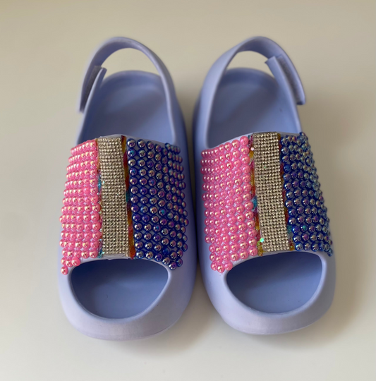 Handcrafted Pink, Pearl & Blue Rhinestone Slingback Slides