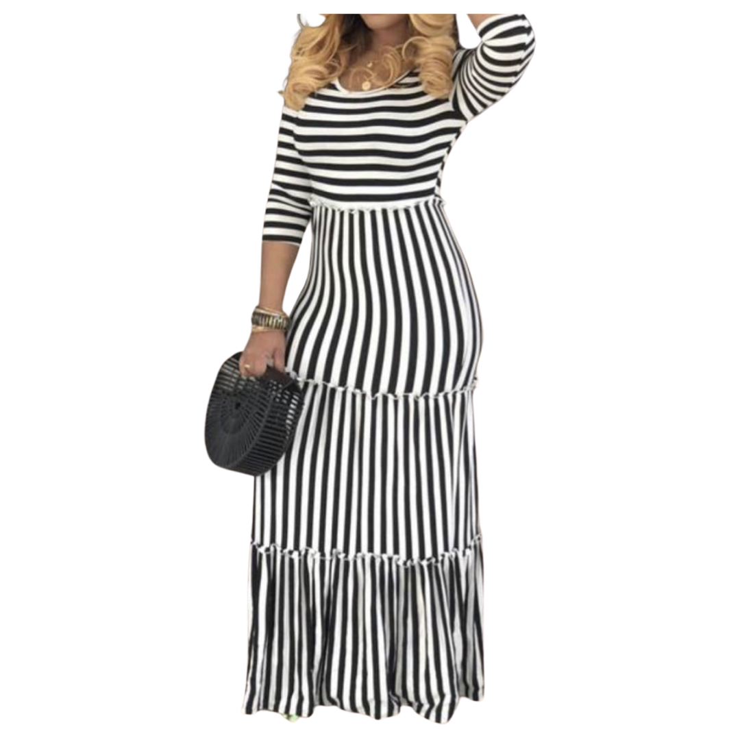 Style & Confidence Striped Maxi Dress – Red, Black, & Blue