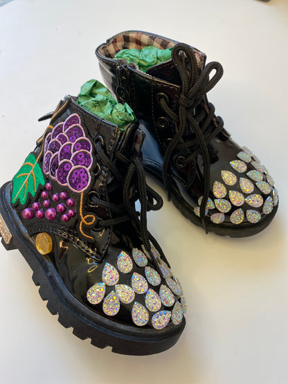 Custom “Grape Cluster Glam” Toddler Boots – Size 8 | Black Patent Rhinestone & Pearl Embellished Boots