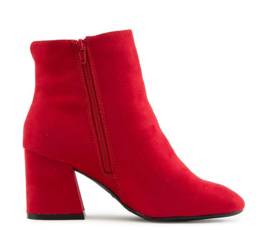 Bold Red Block Heel Ankle Boots – Statement Suede Booties