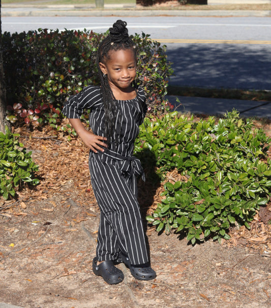 Kids Black & White Striped Off-Shoulder Jumpsuit