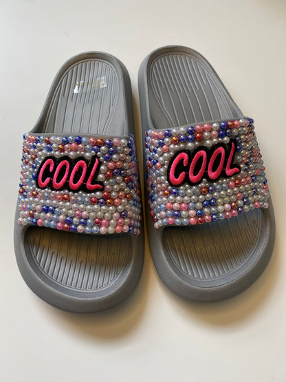 “COOL GIRL” Embellished Slides – Rhinestone Pearl Statement Sandals