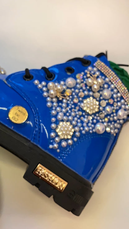 Royal Blue Pearl & Rhinestone Toddler Boots