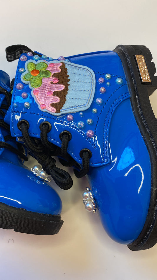 Cupcake Dreams Toddler Boots – Royal Blue Hand Bedazzled with Pearls & Embroidered Patch