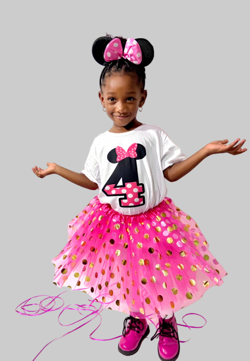 A child wearing a pink tutu with glitter and a '5' on the front, holding balloons and posing with a happy expression.