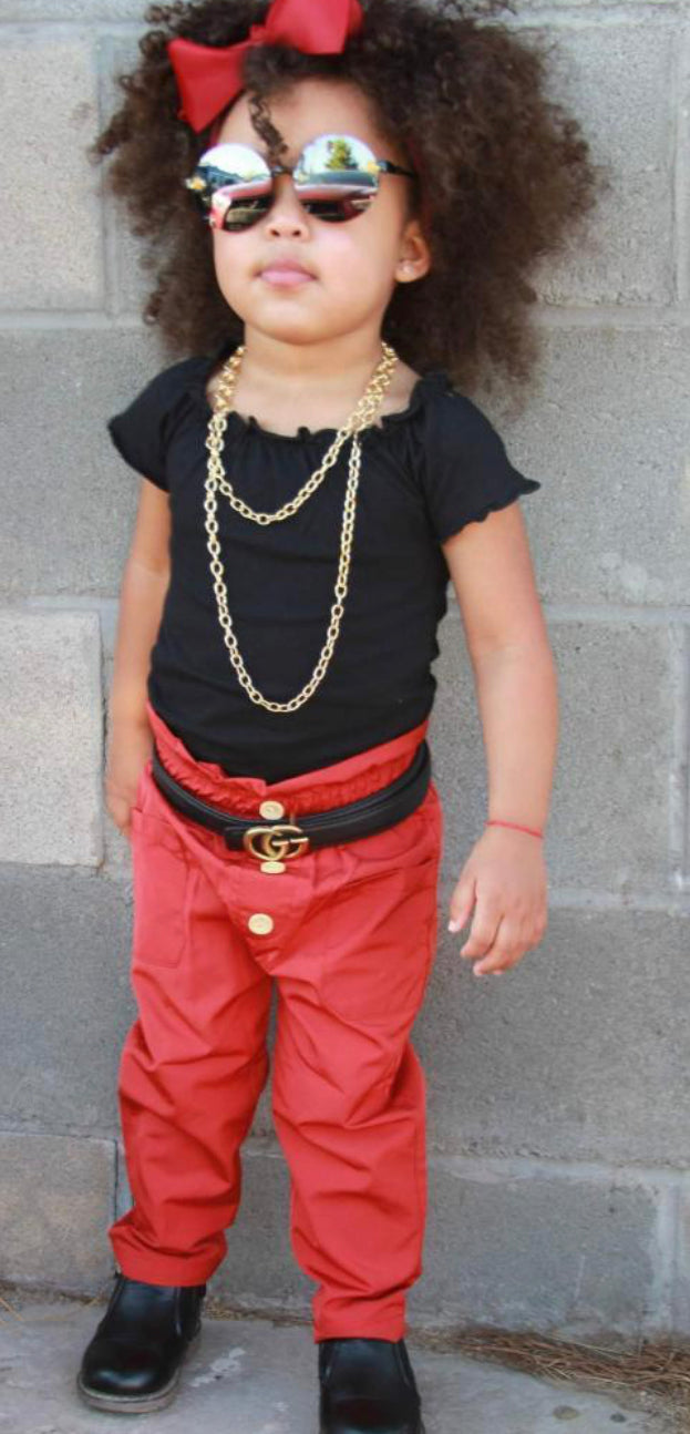 Mini Fashion Icon Set – Red Pants & Black Top Toddler Outfit