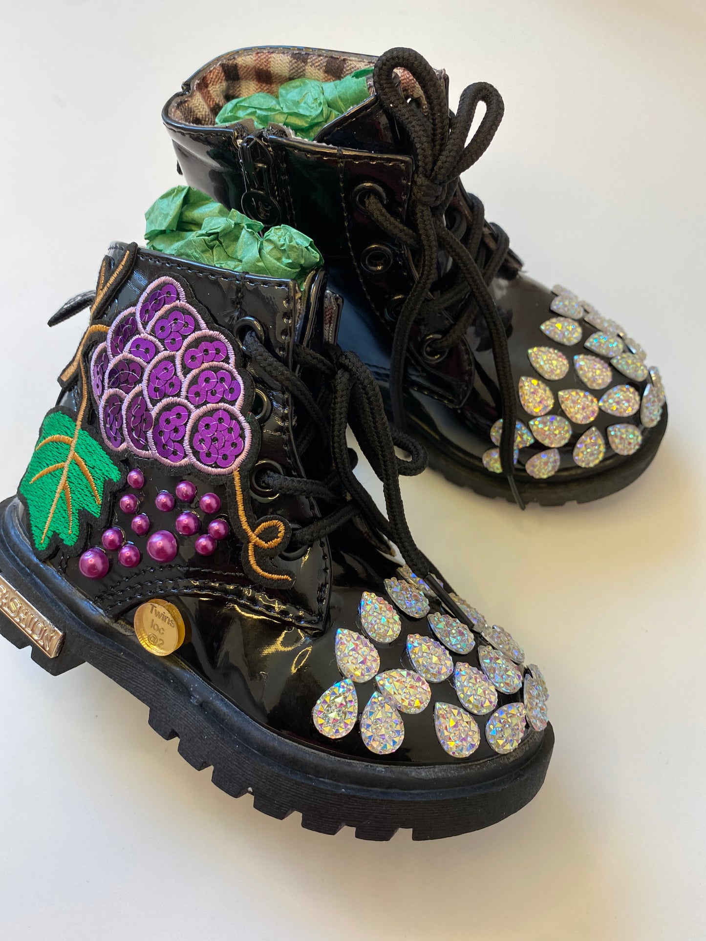 Custom “Grape Cluster Glam” Toddler Boots – Size 8 | Black Patent Rhinestone & Pearl Embellished Boots
