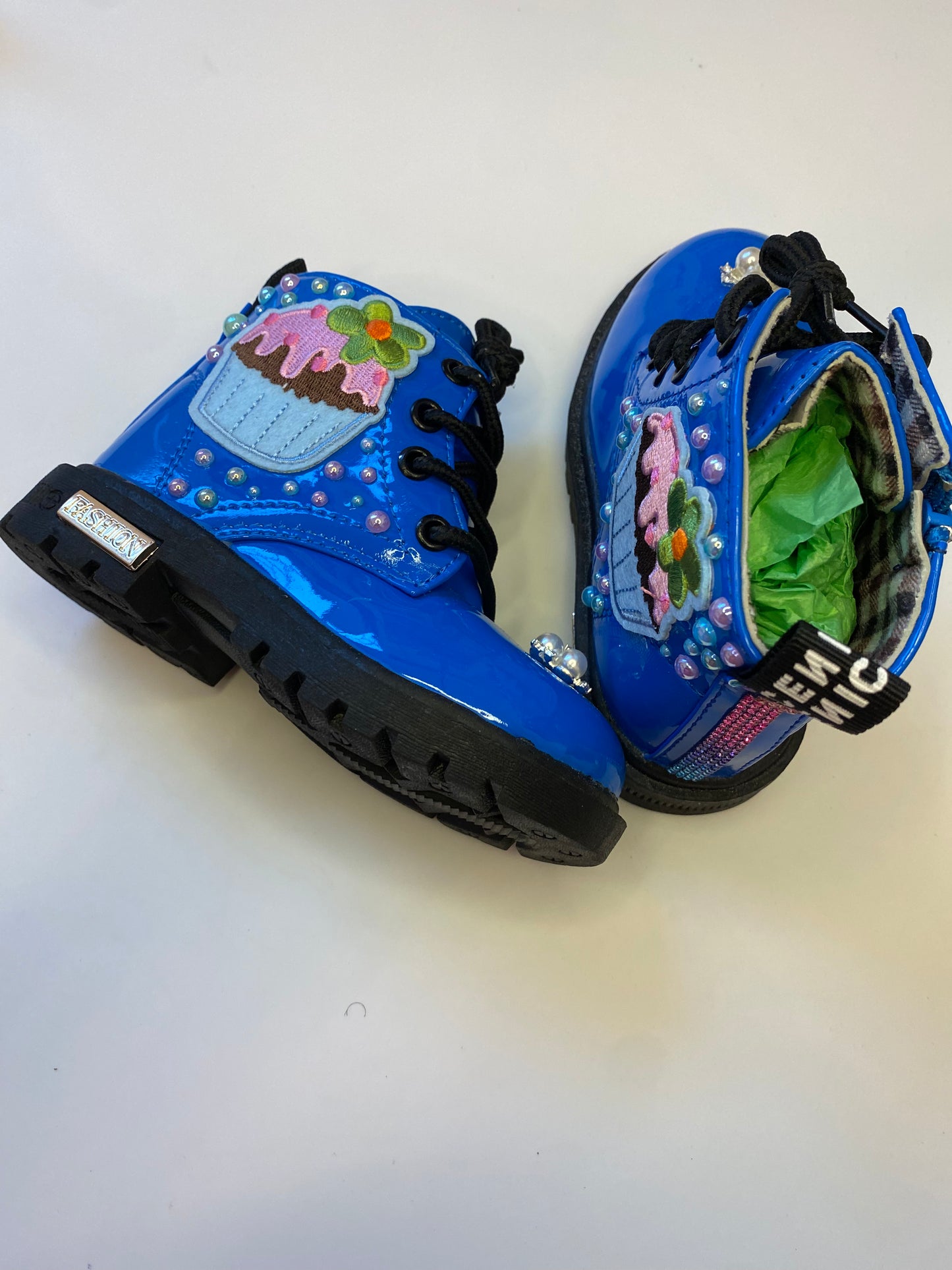 Cupcake Dreams Toddler Boots – Royal Blue Hand Bedazzled with Pearls & Embroidered Patch