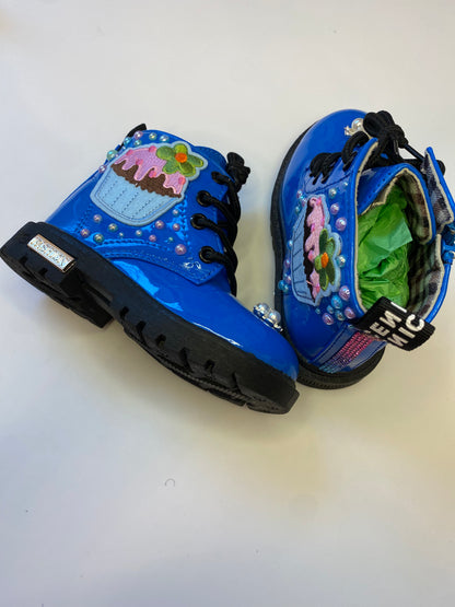 Cupcake Dreams Toddler Boots – Royal Blue Hand Bedazzled with Pearls & Embroidered Patch