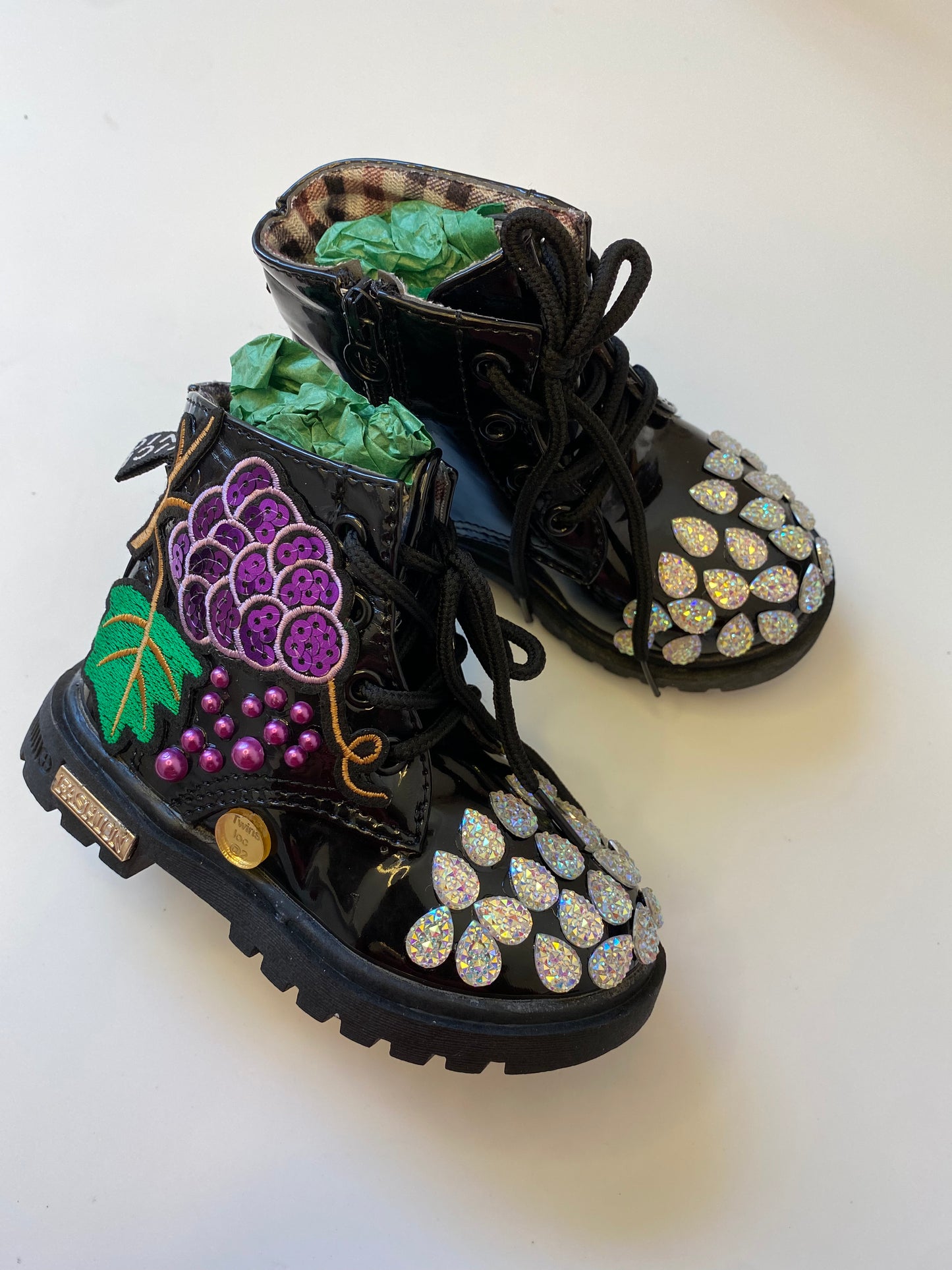 Custom “Grape Cluster Glam” Toddler Boots – Size 8 | Black Patent Rhinestone & Pearl Embellished Boots