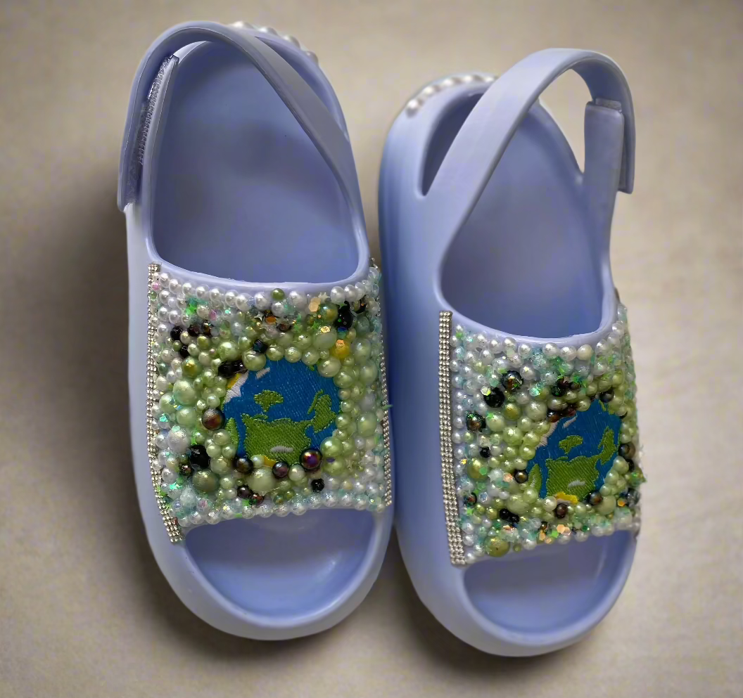 Handcrafted Earth Love Rhinestone Slingback Slides