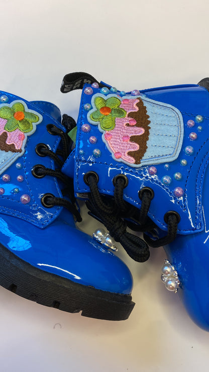 Cupcake Dreams Toddler Boots – Royal Blue Hand Bedazzled with Pearls & Embroidered Patch